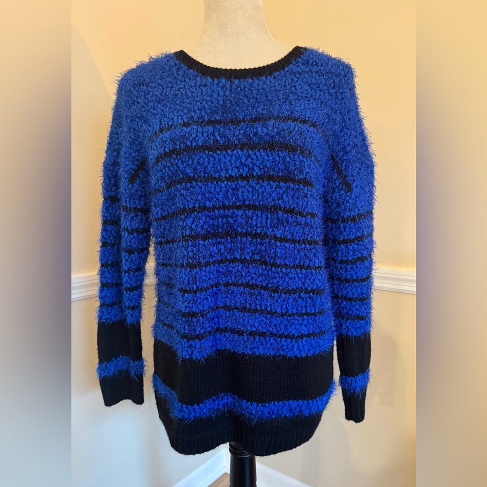 Calvin Klein Cozy, Soft Cobalt Blue Eyelash & Black Chunky Knit Striped Sweater